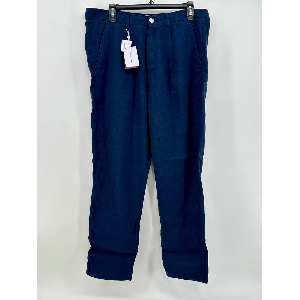 Porter & Ash Pants Mens 34 Blue Solid Straight Fit Linen Blend Modern New